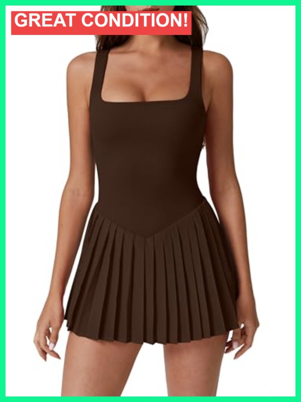Square Neck Tennis Dress with Built-in Shorts and Pockets Sleeveless Pleated